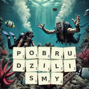 Kreatywna ilustracja do gry w Scrabble ze słowem POBRUDZILISMY ułożonym z płytek na planszy.