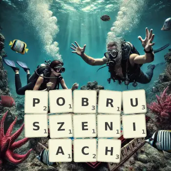 Kreatywna ilustracja do gry w Scrabble ze słowem POBRUSZENIACH ułożonym z płytek na planszy.