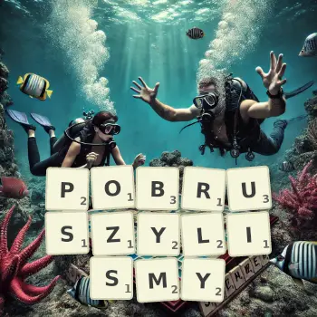 Kreatywna ilustracja do gry w Scrabble ze słowem POBRUSZYLISMY ułożonym z płytek na planszy.