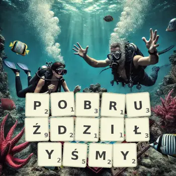 Kreatywna ilustracja do gry w Scrabble ze słowem POBRUŹDZIŁYŚMY ułożonym z płytek na planszy.