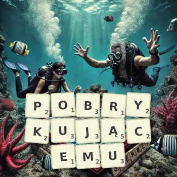 Kreatywna ilustracja do gry w Scrabble ze słowem POBRYKUJĄCEMU ułożonym z płytek na planszy.