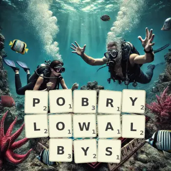 Kreatywna ilustracja do gry w Scrabble ze słowem POBRYLOWALBYS ułożonym z płytek na planszy.
