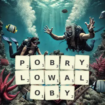Kreatywna ilustracja do gry w Scrabble ze słowem POBRYLOWALOBY ułożonym z płytek na planszy.