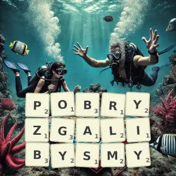 Kreatywna ilustracja do gry w Scrabble ze słowem POBRYZGALIBYSMY ułożonym z płytek na planszy.