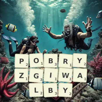 Kreatywna ilustracja do gry w Scrabble ze słowem POBRYZGIWALBY ułożonym z płytek na planszy.