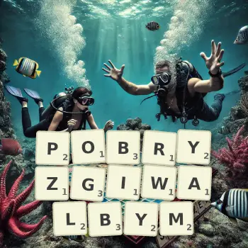 Kreatywna ilustracja do gry w Scrabble ze słowem POBRYZGIWALBYM ułożonym z płytek na planszy.