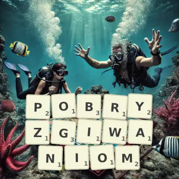 Kreatywna ilustracja do gry w Scrabble ze słowem POBRYZGIWANIOM ułożonym z płytek na planszy.