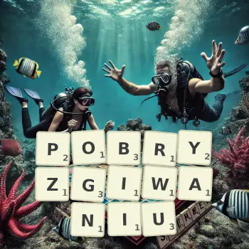 Kreatywna ilustracja do gry w Scrabble ze słowem POBRYZGIWANIU ułożonym z płytek na planszy.
