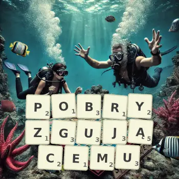 Kreatywna ilustracja do gry w Scrabble ze słowem POBRYZGUJĄCEMU ułożonym z płytek na planszy.