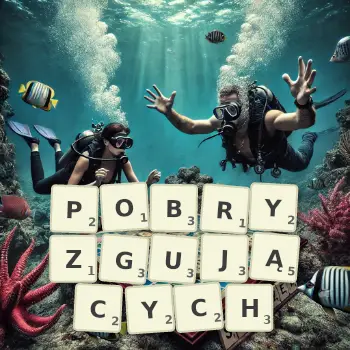 Kreatywna ilustracja do gry w Scrabble ze słowem POBRYZGUJĄCYCH ułożonym z płytek na planszy.