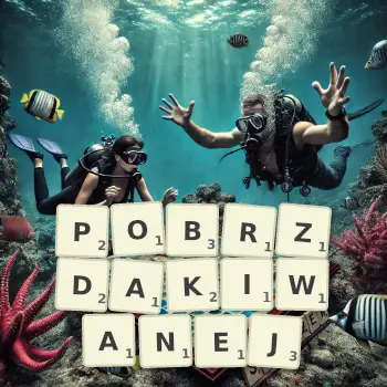Kreatywna ilustracja do gry w Scrabble ze słowem POBRZDAKIWANEJ ułożonym z płytek na planszy.