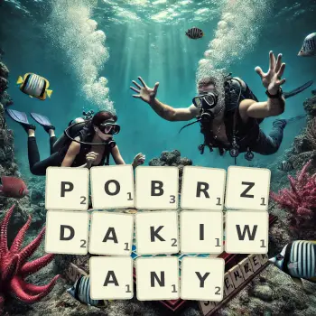 Kreatywna ilustracja do gry w Scrabble ze słowem POBRZDAKIWANY ułożonym z płytek na planszy.