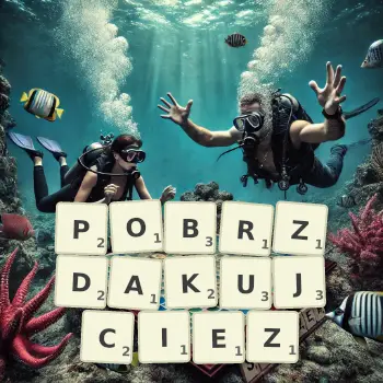 Kreatywna ilustracja do gry w Scrabble ze słowem POBRZDAKUJCIEZ ułożonym z płytek na planszy.