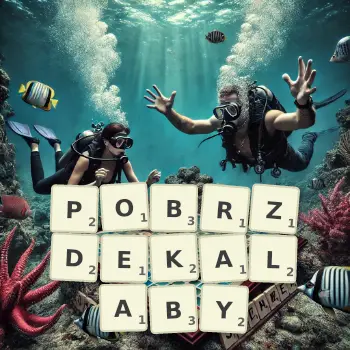 Kreatywna ilustracja do gry w Scrabble ze słowem POBRZDEKALABY ułożonym z płytek na planszy.