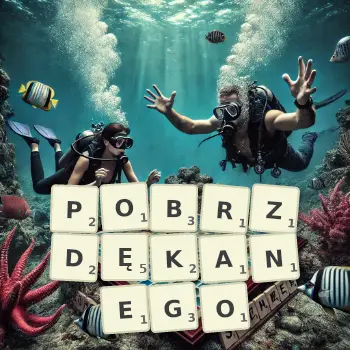 Kreatywna ilustracja do gry w Scrabble ze słowem POBRZDĘKANEGO ułożonym z płytek na planszy.