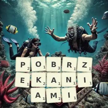 Kreatywna ilustracja do gry w Scrabble ze słowem POBRZEKANIAMI ułożonym z płytek na planszy.