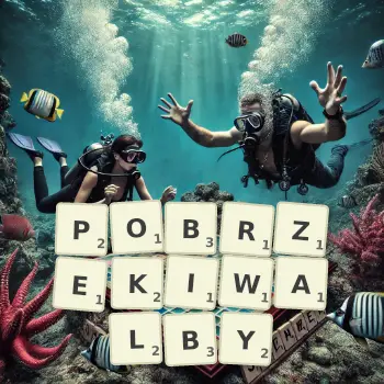 Kreatywna ilustracja do gry w Scrabble ze słowem POBRZEKIWALBY ułożonym z płytek na planszy.