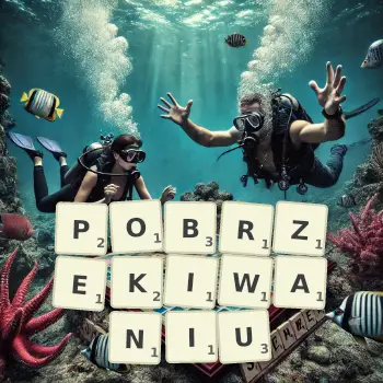 Kreatywna ilustracja do gry w Scrabble ze słowem POBRZEKIWANIU ułożonym z płytek na planszy.