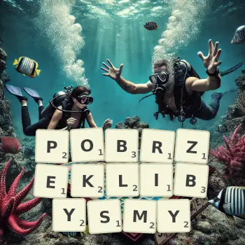 Kreatywna ilustracja do gry w Scrabble ze słowem POBRZEKLIBYSMY ułożonym z płytek na planszy.