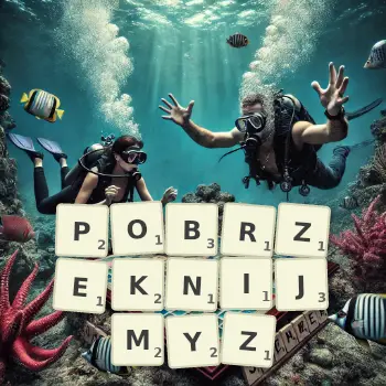 Kreatywna ilustracja do gry w Scrabble ze słowem POBRZEKNIJMYZ ułożonym z płytek na planszy.