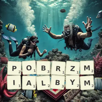 Kreatywna ilustracja do gry w Scrabble ze słowem POBRZMIALBYM ułożonym z płytek na planszy.