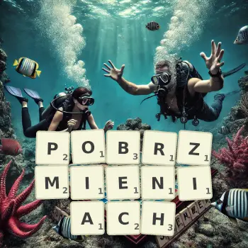 Kreatywna ilustracja do gry w Scrabble ze słowem POBRZMIENIACH ułożonym z płytek na planszy.