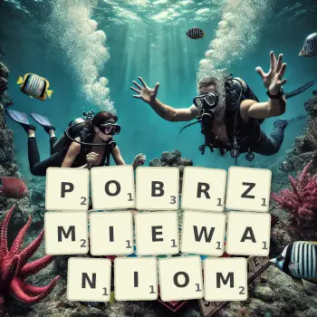 Kreatywna ilustracja do gry w Scrabble ze słowem POBRZMIEWANIOM ułożonym z płytek na planszy.