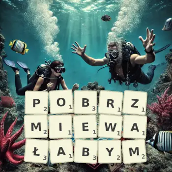 Kreatywna ilustracja do gry w Scrabble ze słowem POBRZMIEWAŁABYM ułożonym z płytek na planszy.