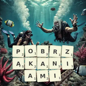 Kreatywna ilustracja do gry w Scrabble ze słowem POBRZĄKANIAMI ułożonym z płytek na planszy.