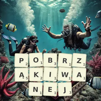Kreatywna ilustracja do gry w Scrabble ze słowem POBRZĄKIWANEJ ułożonym z płytek na planszy.