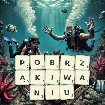 Kreatywna ilustracja do gry w Scrabble ze słowem POBRZĄKIWANIU ułożonym z płytek na planszy.