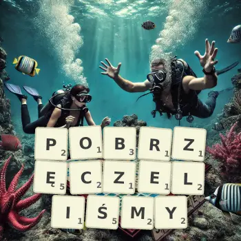 Kreatywna ilustracja do gry w Scrabble ze słowem POBRZĘCZELIŚMY ułożonym z płytek na planszy.