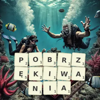 Kreatywna ilustracja do gry w Scrabble ze słowem POBRZĘKIWANIA ułożonym z płytek na planszy.