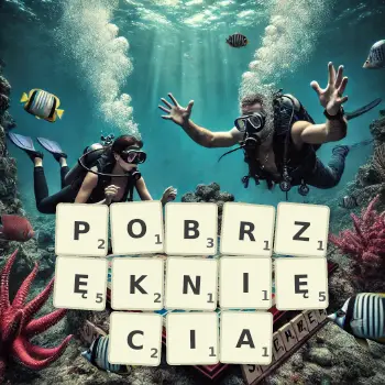 Kreatywna ilustracja do gry w Scrabble ze słowem POBRZĘKNIĘCIA ułożonym z płytek na planszy.