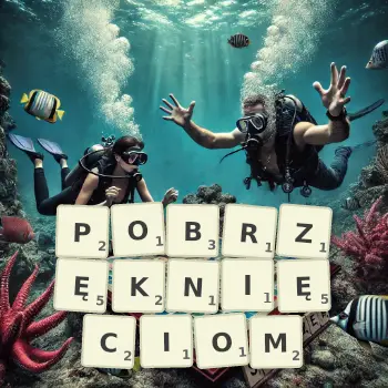 Kreatywna ilustracja do gry w Scrabble ze słowem POBRZĘKNIĘCIOM ułożonym z płytek na planszy.