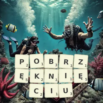 Kreatywna ilustracja do gry w Scrabble ze słowem POBRZĘKNIĘCIU ułożonym z płytek na planszy.