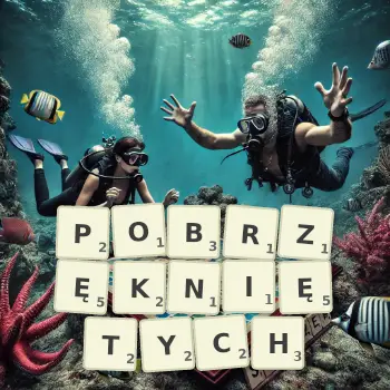 Kreatywna ilustracja do gry w Scrabble ze słowem POBRZĘKNIĘTYCH ułożonym z płytek na planszy.