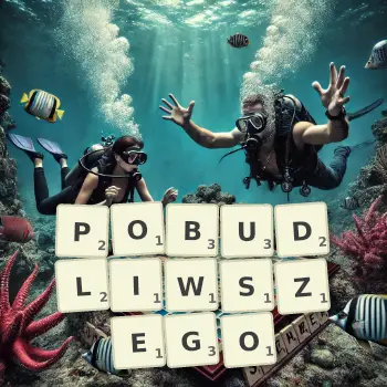Kreatywna ilustracja do gry w Scrabble ze słowem POBUDLIWSZEGO ułożonym z płytek na planszy.