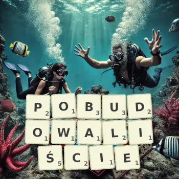 Kreatywna ilustracja do gry w Scrabble ze słowem POBUDOWALIŚCIE ułożonym z płytek na planszy.