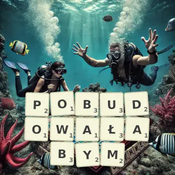 Kreatywna ilustracja do gry w Scrabble ze słowem POBUDOWAŁABYM ułożonym z płytek na planszy.