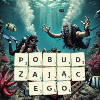 Kreatywna ilustracja do gry w Scrabble ze słowem POBUDZAJĄCEGO ułożonym z płytek na planszy.