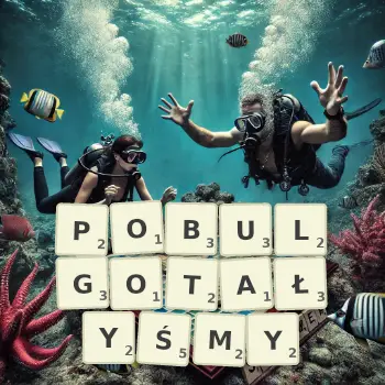Kreatywna ilustracja do gry w Scrabble ze słowem POBULGOTAŁYŚMY ułożonym z płytek na planszy.