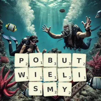 Kreatywna ilustracja do gry w Scrabble ze słowem POBUTWIELISMY ułożonym z płytek na planszy.