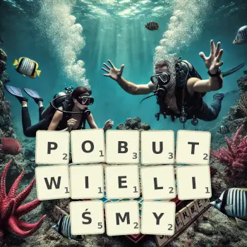 Kreatywna ilustracja do gry w Scrabble ze słowem POBUTWIELIŚMY ułożonym z płytek na planszy.
