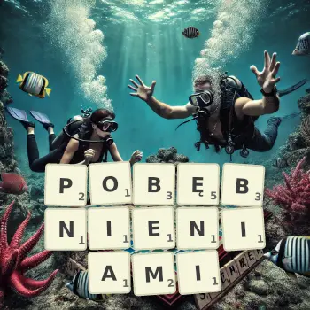 Kreatywna ilustracja do gry w Scrabble ze słowem POBĘBNIENIAMI ułożonym z płytek na planszy.