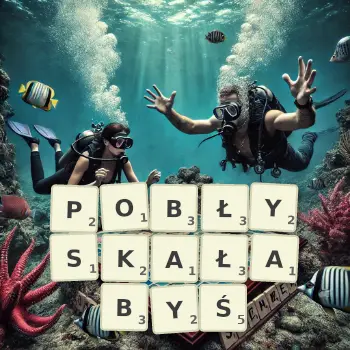 Kreatywna ilustracja do gry w Scrabble ze słowem POBŁYSKAŁABYŚ ułożonym z płytek na planszy.