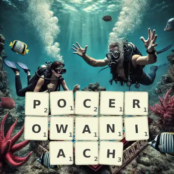 Kreatywna ilustracja do gry w Scrabble ze słowem POCEROWANIACH ułożonym z płytek na planszy.