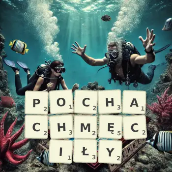 Kreatywna ilustracja do gry w Scrabble ze słowem POCHACHMĘCIŁY ułożonym z płytek na planszy.