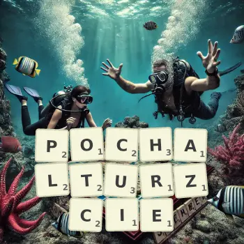 Kreatywna ilustracja do gry w Scrabble ze słowem POCHALTURZCIE ułożonym z płytek na planszy.