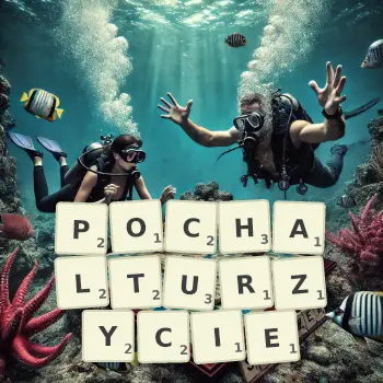 Kreatywna ilustracja do gry w Scrabble ze słowem POCHALTURZYCIE ułożonym z płytek na planszy.